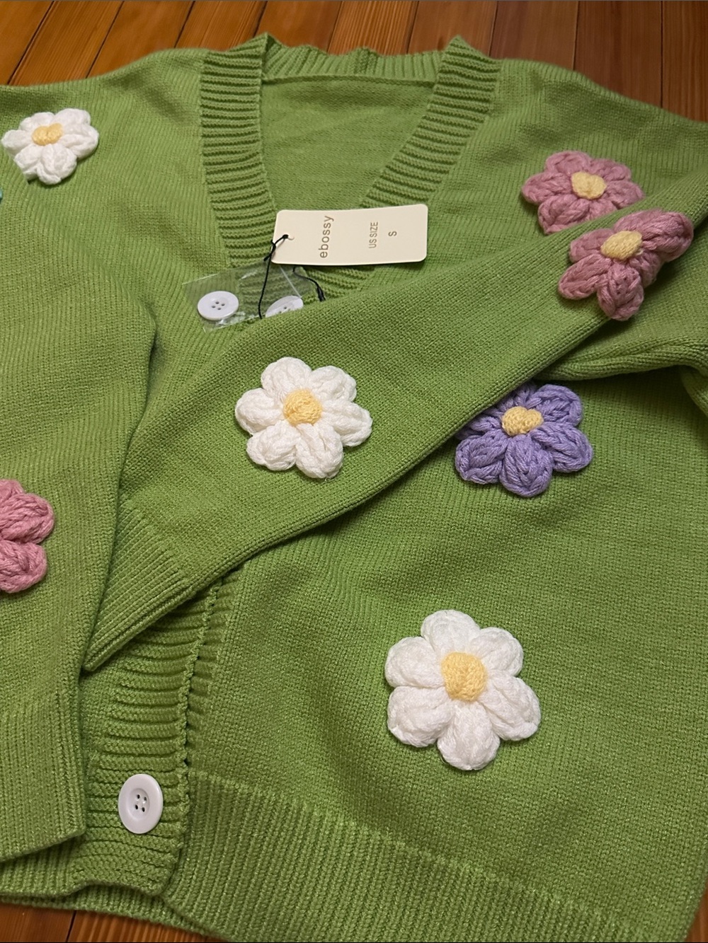 Ebossy Green Cardigan with Multicolor Flower Appliqués